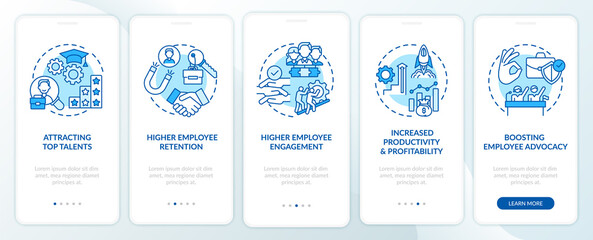Corporate culture benefits onboarding mobile app page screen with concepts. Top talents, retention walkthrough 5 steps graphic instructions. UI, UX, GUI vector template with linear color illustrations