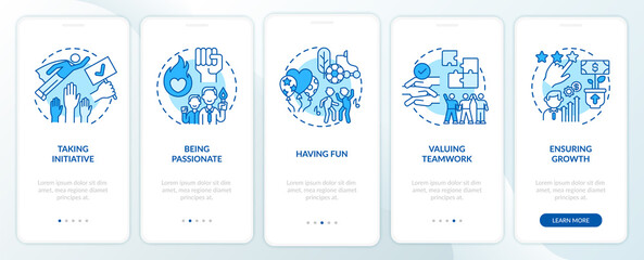Main company core values onboarding mobile app page screen with concepts. Enthusiasm, passion walkthrough 5 steps graphic instructions. UI, UX, GUI vector template with linear color illustrations