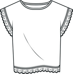 T shirt flat sketch FOR GIRLS. Technical drawing of fashion t shirts for girls. Fashion vector illustration for girls. Girls clothing design template. Fashion technical drawing.