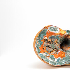 Orange moldy cut in half pumpkin, mold and mushrooms on food, mold development, pests of stored vegetable products, frequent problems, copy left, square