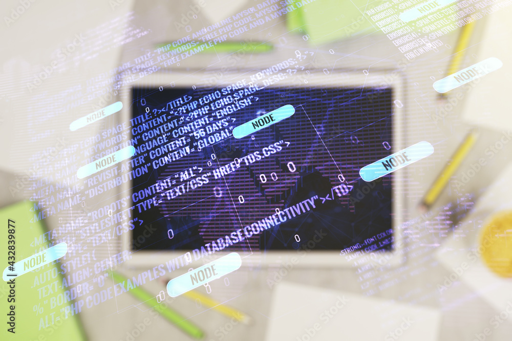 Poster multi exposure of abstract software development hologram with world map and digital tablet on backgr