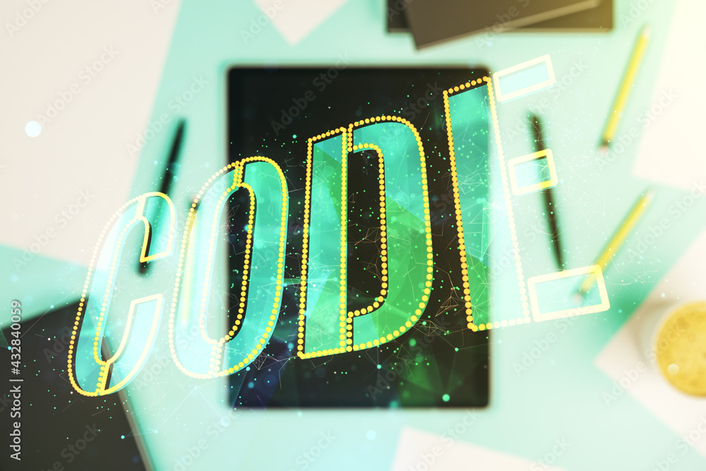 Poster creative code word hologram and digital tablet on background, top view, artificial intelligence and 