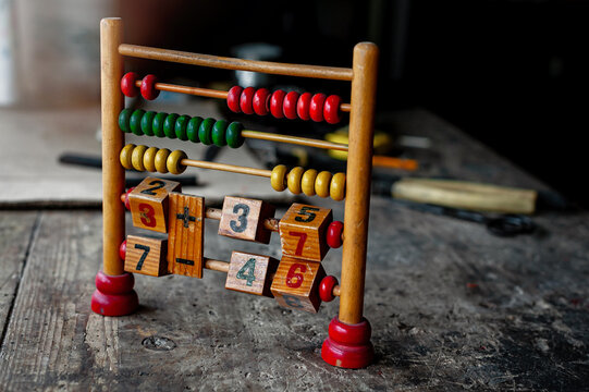 Abacus close up on a wooden table.