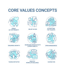 Core values concept icons set. Open-mindedness idea thin line RGB color illustrations. Ensuring growth. Increased profitability, productivity. Vector isolated outline drawings. Editable stroke