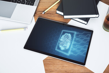 Top view of modern digital tablet display with creative fingerprint hologram, personal biometric data concept. 3D Rendering