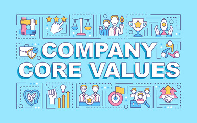 Company core values word concepts banner. Building trust in workplace. Infographics with linear icons on turquoise background. Isolated typography. Vector outline RGB color illustration