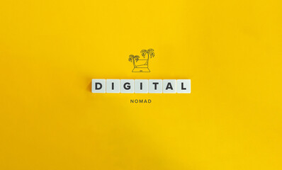 Digital Nomad Banner and Concept. Block Letters and Icon on Bright Yellow Orange Background. Minimal aesthetics.