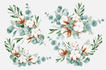 Watercolor bouquets with cotton and branches of eucalyptus Collection - obrazy, fototapety, plakaty