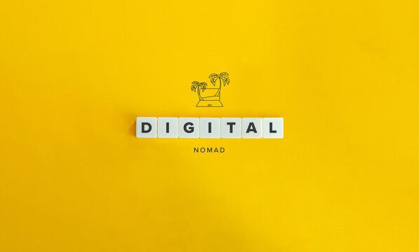 Digital Nomad Banner and Concept. Block Letters and Icon on Bright Yellow Orange Background. Minimal aesthetics.