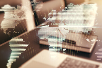 Abstract creative digital world map on modern computer background, globalization concept....
