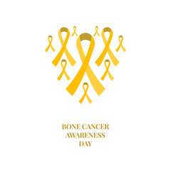 Bone cancer osteosarcoma awareness poster with a heart made of ribbons on white background. Yellow colour bows for support and solidarity concept. Medical concept. Vector illustration..