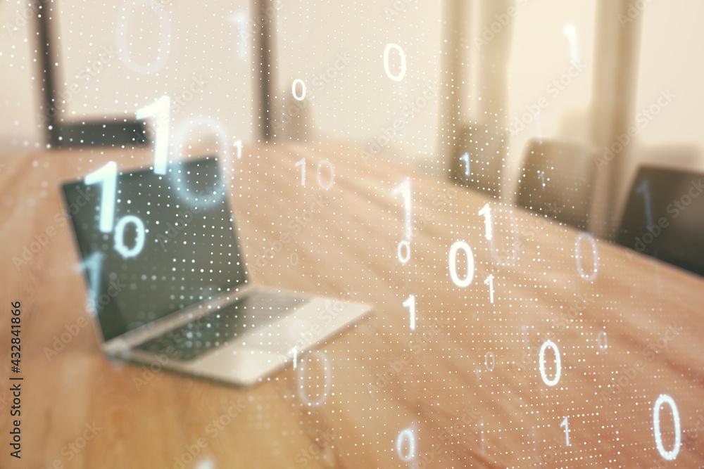 Aufkleber Creative abstract binary code sketch on modern laptop background, hacking and matrix concept. Multiexposure