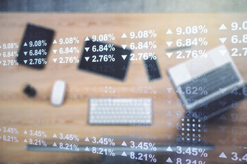 Abstract creative analytics data spreadsheet on modern computer background, analytics and analysis concept. Multiexposure