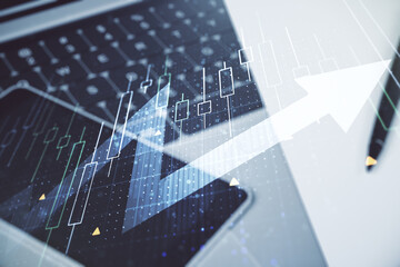 Double exposure of abstract creative financial diagram with upward arrow on computer background, growth and development concept