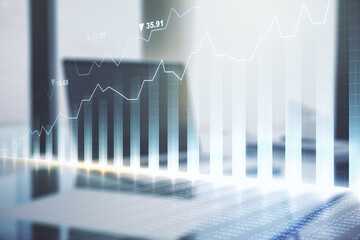 Multi exposure of abstract creative financial chart on computer background, research and analytics concept