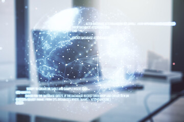 Double exposure of abstract creative programming illustration with world map on computer background, big data and blockchain concept