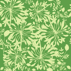 vector illustration seamless pattern,light green Agapanthus flowers on a dark green background,branches of grass and a box of poppy,for wallpaper,fabric or furniture