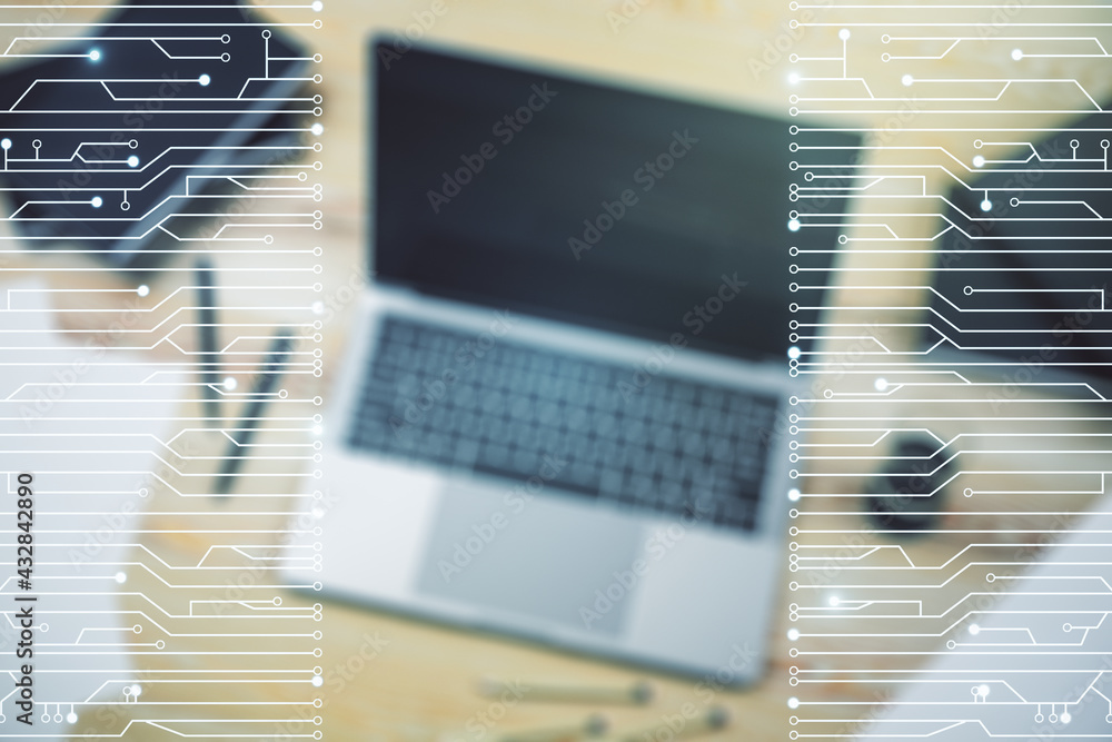 Aufkleber Creative concept of microscheme illustration on modern laptop background. Big data and database concept. Multiexposure