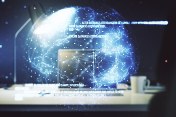 Double exposure of abstract programming language with world map on laptop background, research and development concept