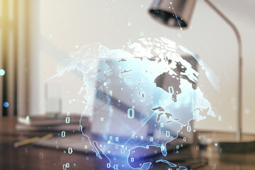 Multi exposure of abstract graphic coding sketch with world map on modern computer background, big data and networking concept