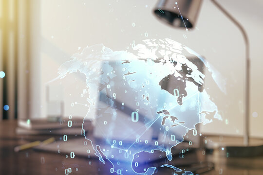 Multi exposure of abstract graphic coding sketch with world map on modern computer background, big data and networking concept