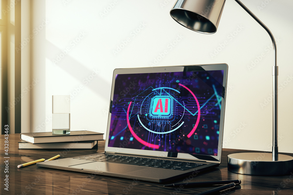 Poster computer monitor with creative artificial intelligence abbreviation. future technology and ai concep