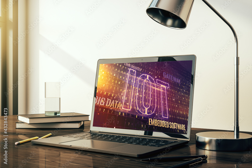 Aufkleber Creative IOT illustration on modern computer monitor, future technology concept. 3D Rendering