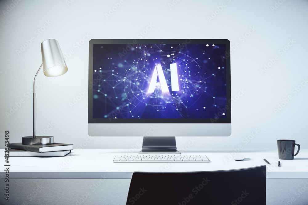 Poster creative artificial intelligence symbol concept on modern laptop screen. 3d rendering