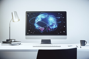 Computer monitor with abstract graphic digital world map with connections, globalization concept. 3D Rendering