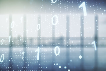 Abstract virtual binary code sketch on empty classroom background, hacking and matrix concept. Multiexposure