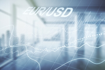Double exposure of abstract virtual EURO USD forex chart hologram on empty modern office background. Banking and investing concept