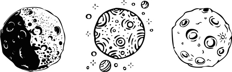 Black and white illustration space set vector, moon. Vector illustration