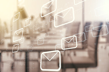 Double exposure of abstract virtual postal envelopes hologram on modern corporate office...