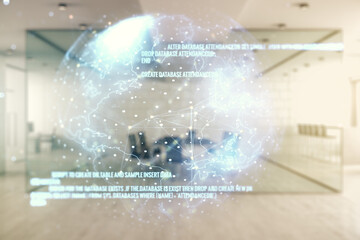 Abstract virtual coding concept and world map hologram on a modern furnished office background. Multiexposure