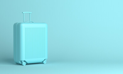 Blue plastic suitcase over blue background with copy space. 3d rendering