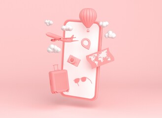 Smartphone with plane, hot air balloon and travel accessories on pink background. 3d rendering.