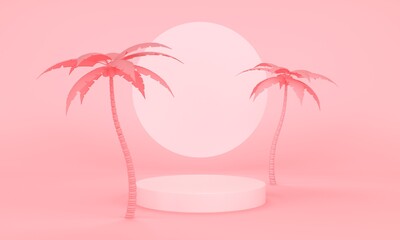 Geometric pink abstract background with palm trees and pink platform. 3d rendering