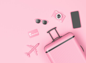 Pink baggage with smartphone, camera, sun glasses and copy space on pastel pink background. 3d rendering.