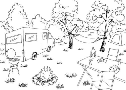 Camping graphic black white mountain landscape sketch illustration vector 