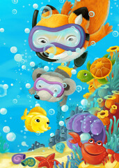 Fototapeta na wymiar cartoon ocean scene coral reef forest animals diving