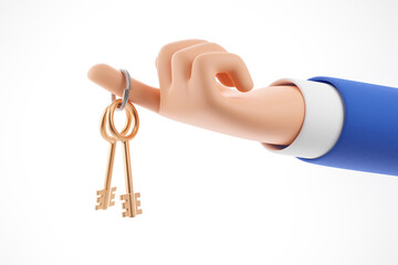 Cartoon human hand in blue suit hold gold key isolated over white background. Real estate concept.