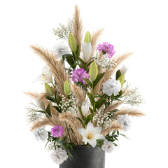 decorative dried flowers in a vase of reeds on white background