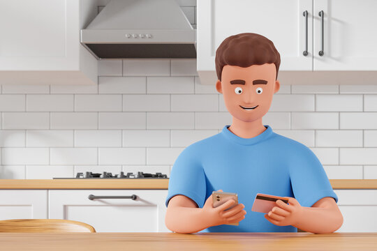 Cartoon character man paying order at online shop with credit card and smartphone at white cozy kitchen.