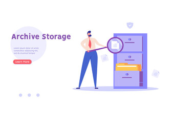 Fototapeta premium Man standing next to a file storage box. Concept of document archive, data storage, safe storage, file archiving and organization, digital database. Vector illustration in flat design