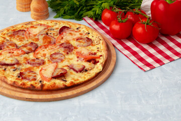 Freshly baked pizza on table close up