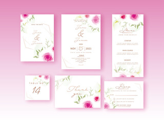 Wedding Invitation, Menu, Save The Date, Table Number, Kindly Reply Or RSVP And Thank You Card Decorated Pink Rose Flowers.