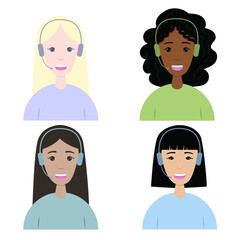 Girls from the support service of different nationalities. Women in a call center with headphones and a microphone. Avatar,  icon for business design.