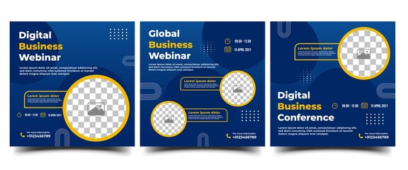 Webinar Social Media post template. Modern banner with abstract gradient blue background. Vector design with place for the photo. Suitable for social media, websites, banners, and flyers.