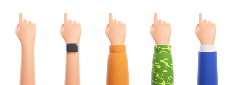 Set of five cartoon character hand pointing at something or push touch screen on isolated white background. Blue suit, yellow shirt and smart watch.