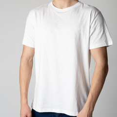white men's T-shirt on a male model on a white background